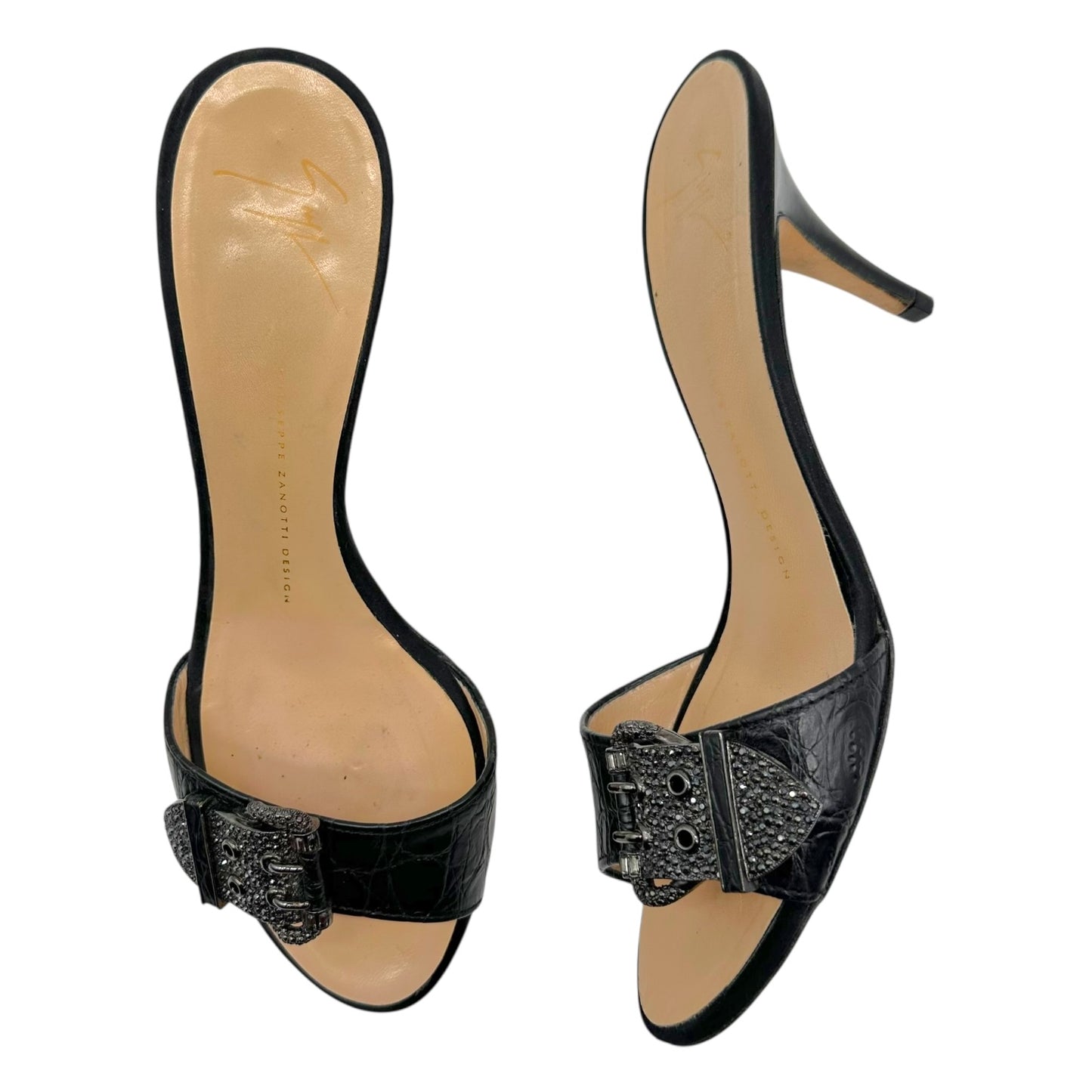 Giuseppi Zanotti Black Croc Embossed Embellished Buckle Heels