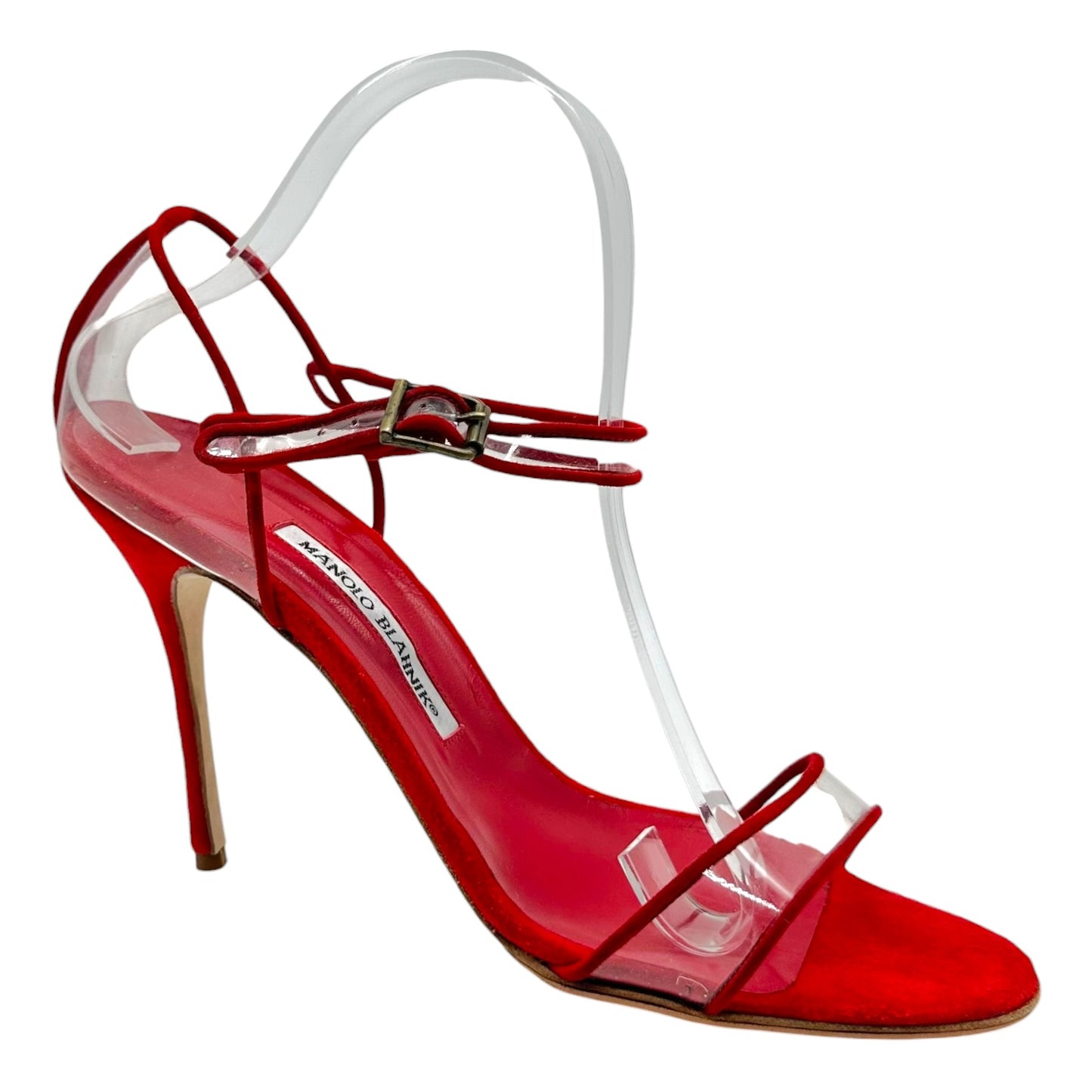 Manolo Blahnik Red Suede Clear PVC Sandal Heels