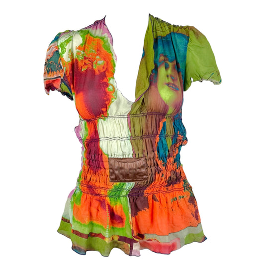 Jean Paul Gaultier Psychadelic Face Print Sheer Silk Open Back Blouse
