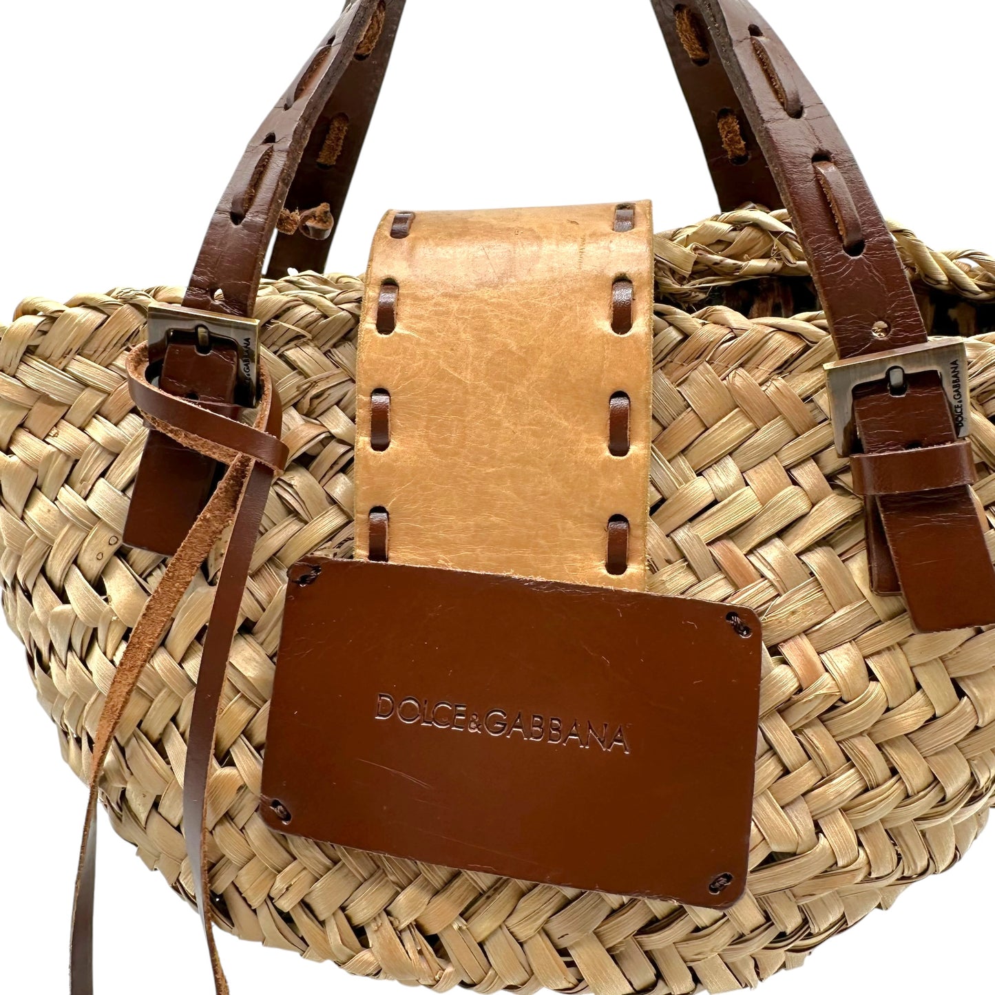 Dolce & Gabbana Raffia & Leather Feather Trim Mini Handbag