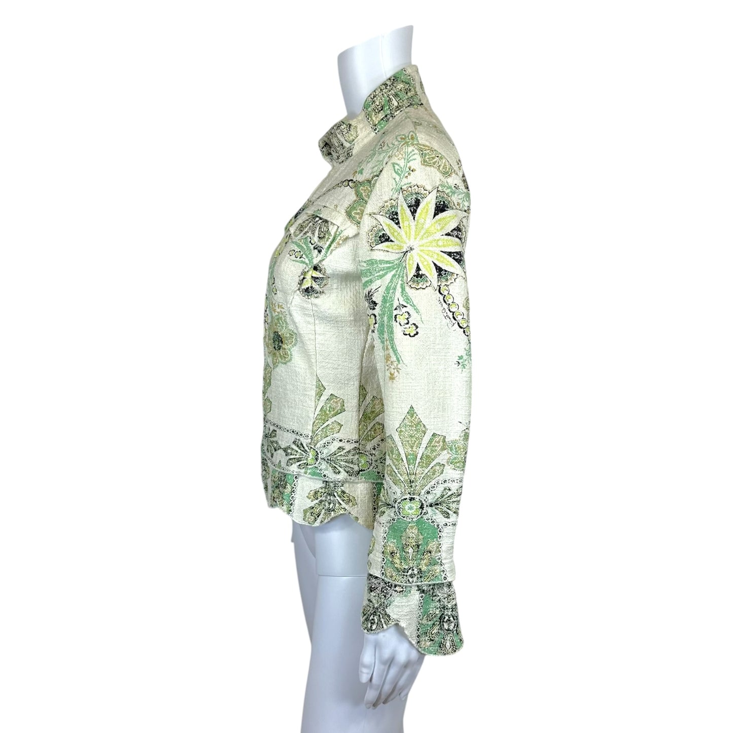 Roberto Cavalli 2007 White & Green Metallic Floral Print Bustier Jacket