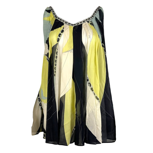 Emilio Pucci Green & Black Semi-Sheer Printed Silk Sleeveless Swing Blouse