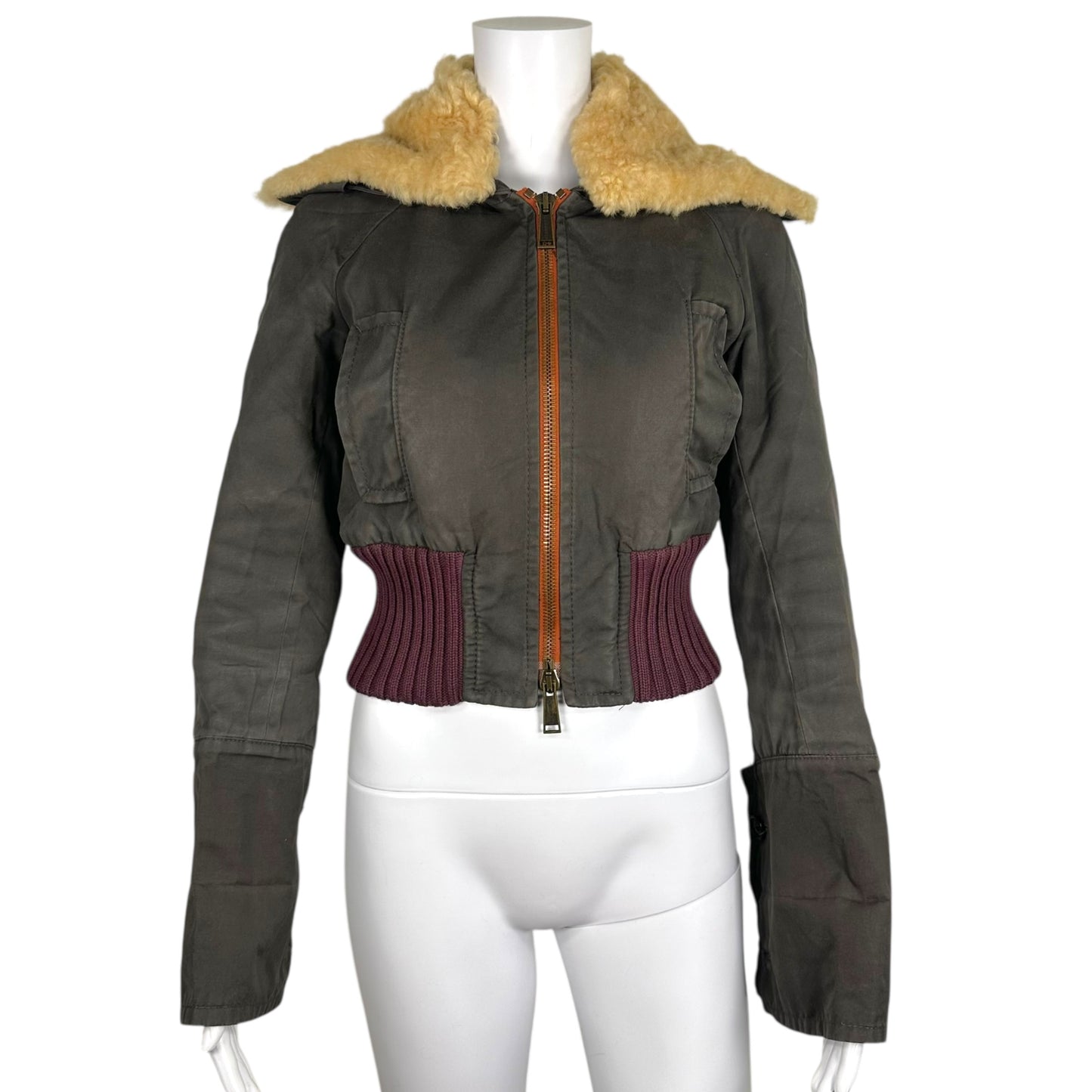 Dsquared2 Gray & Burgundy Shearling Trim Cropped Bomber Jacket