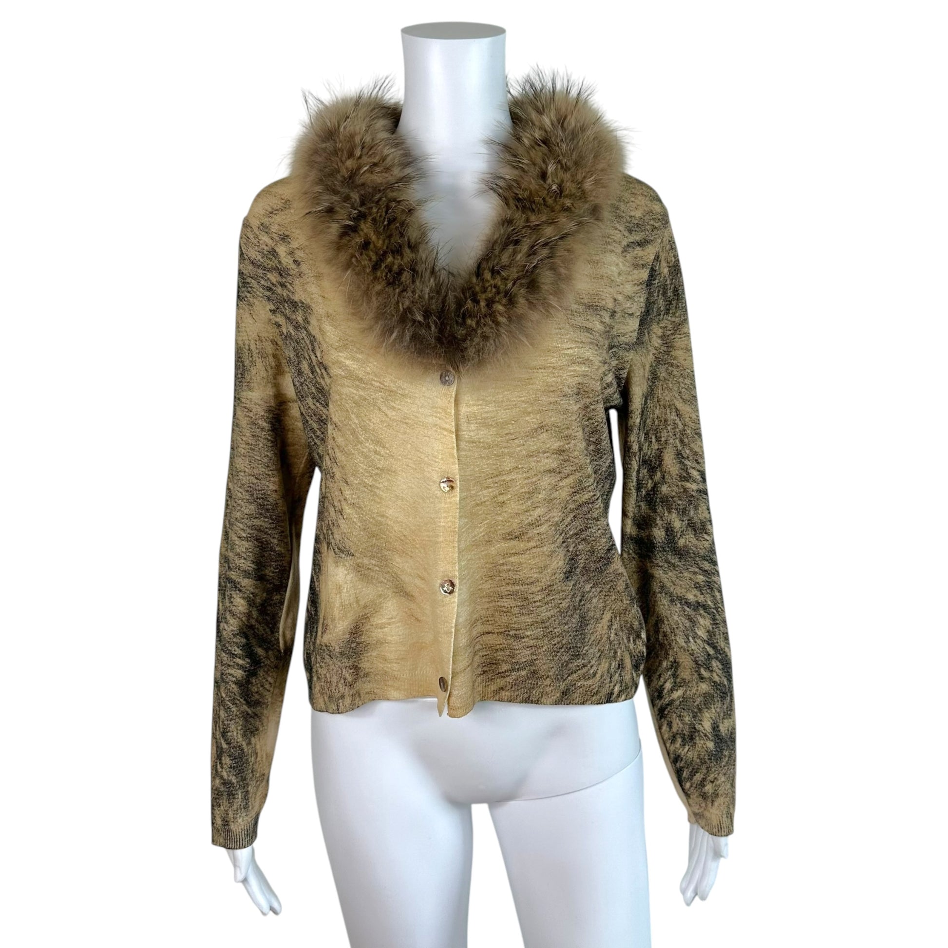 Roberto Cavalli 90's Tan Black Printed Cardigan with Fur Trim