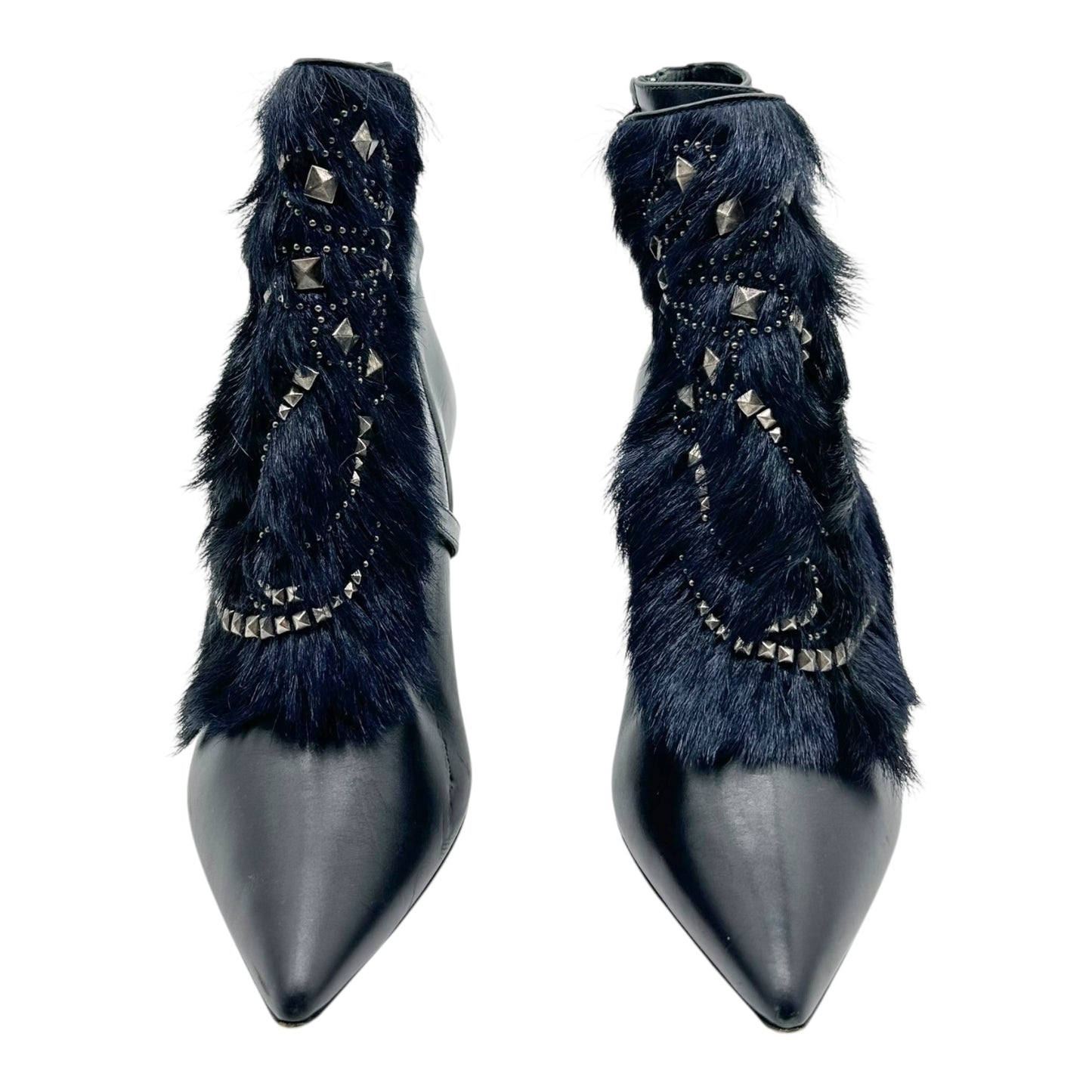 Roberto Cavalli Black Leather Studded Fur Trim Heeled Boots