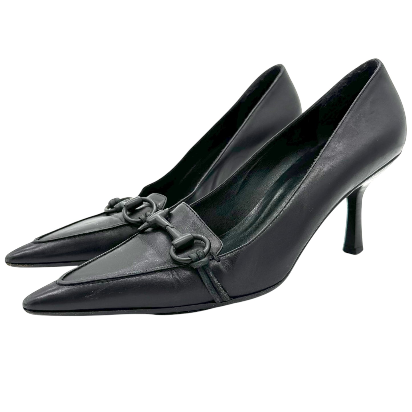 Gucci Black Leather Pointed Toe Horsebit Heels