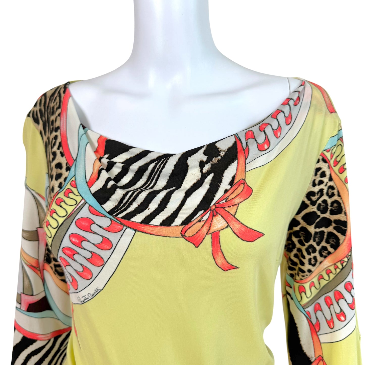 Roberto Cavalli S/S 2004 Yellow Multicolor Animal Print 3/4 Sleeve Cowl Neck Mini Dress