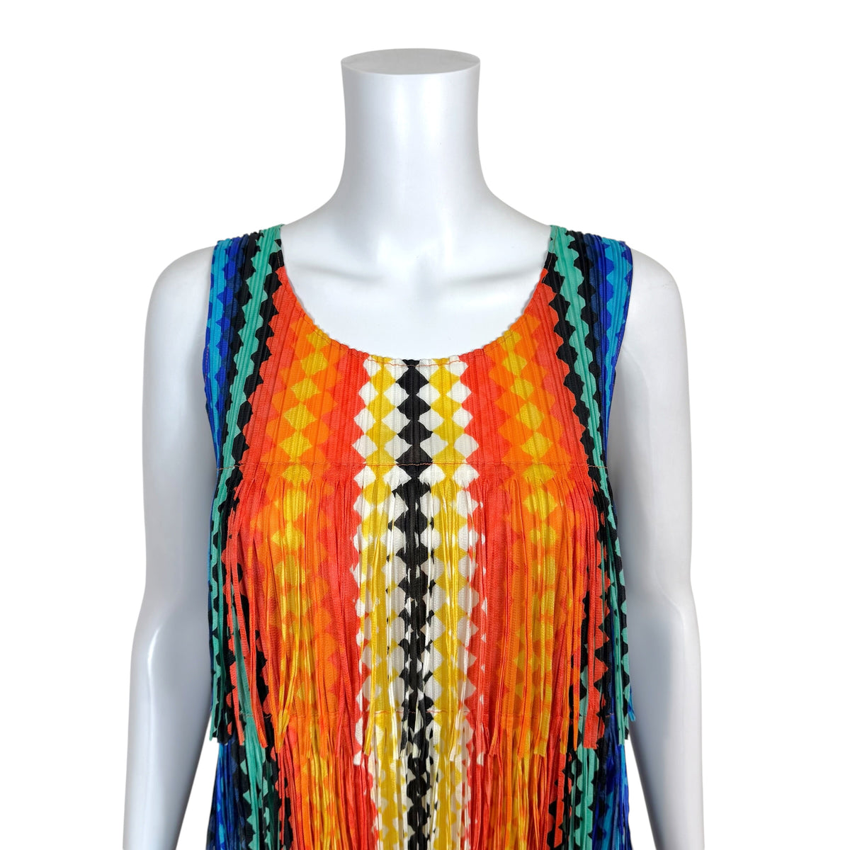 Issey Miyake Pleats Please Multicolor Diamond Print Fringe Trim Midi Dress Sz 3