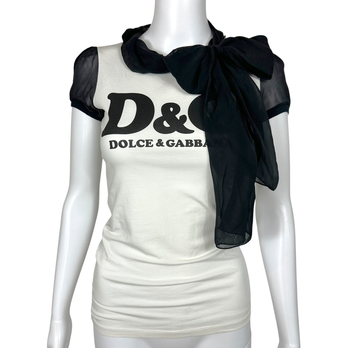 D&G Dolce & Gabbana Silk Tie-Neck Black & White Logo T-Shirt