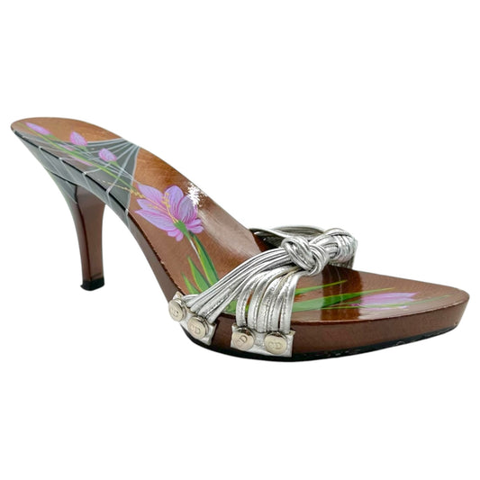 Christian Dior Silver Leather & Hand Painted Wooden Mule Heels