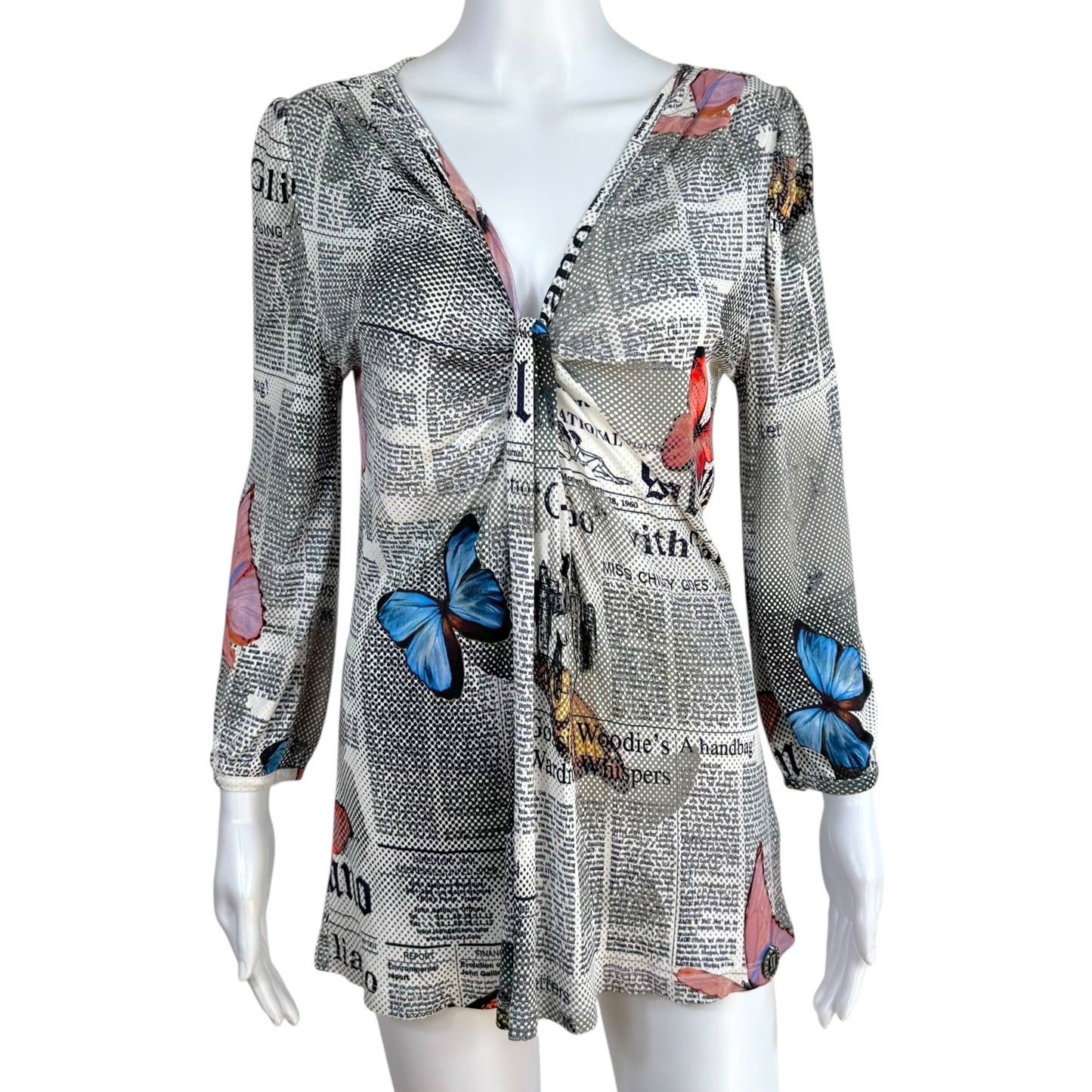 Galliano Gazette Butterfly & Newsprint Blouse Top