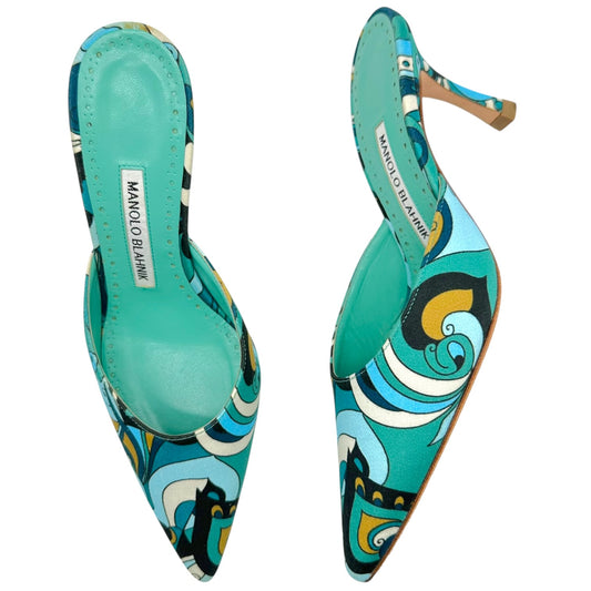 Manolo Blahnik Turquoise Swirl Print Kitten Heel Mules