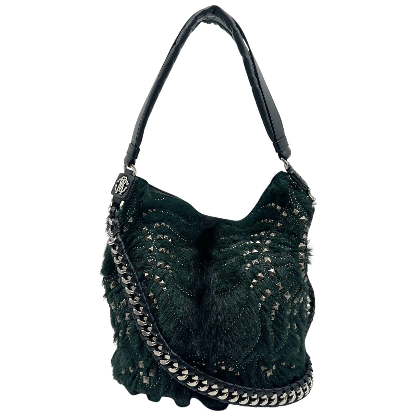 Roberto Cavalli F/W 2005 Dark Green & Gunmetal Gray Studded 2-Way Fur Bucket Bag
