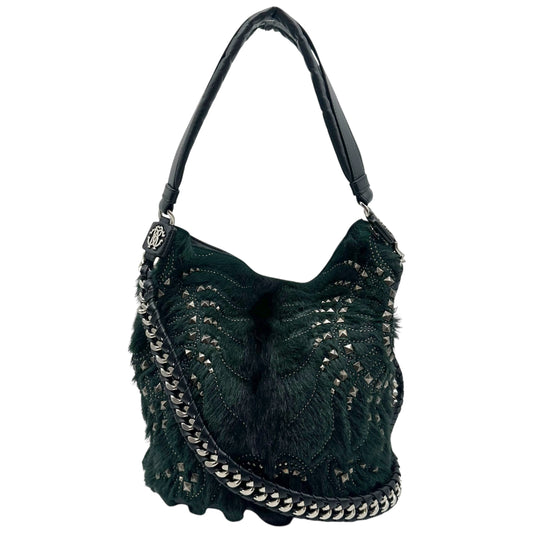 Roberto Cavalli F/W 2005 Dark Green & Gunmetal Gray Studded 2-Way Fur Bucket Bag