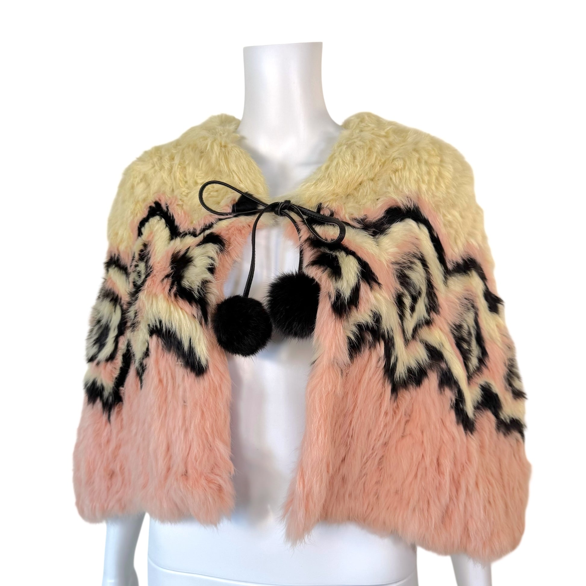Vintage Chuchu Butter Yellow & Pink Patterned Rabbit Fur Poncho - Outfit Repeater