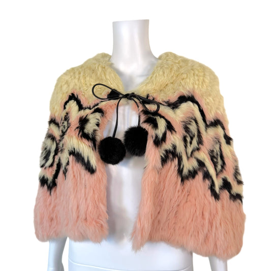 Vintage Chuchu Butter Yellow & Pink Patterned Rabbit Fur Poncho - Outfit Repeater