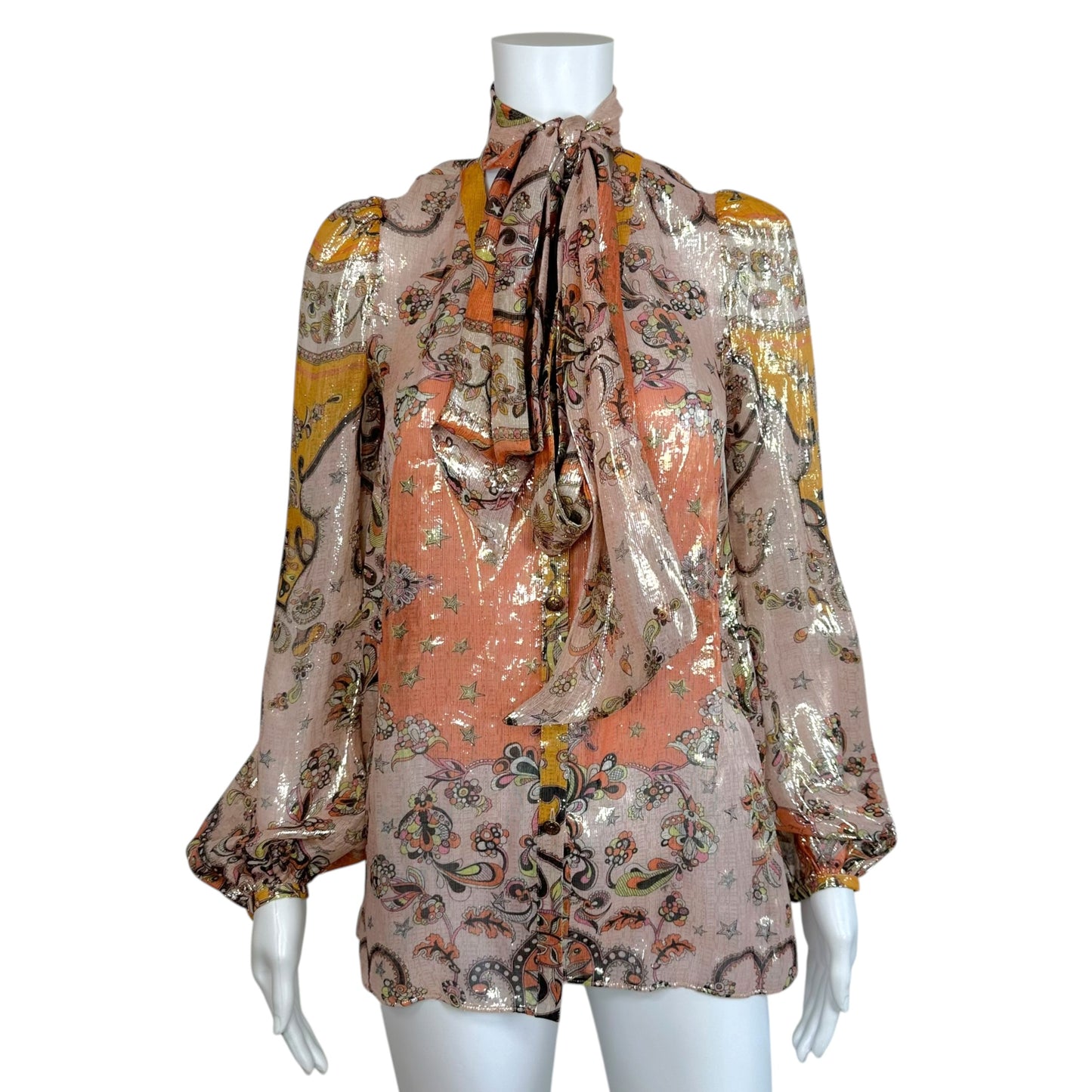 Emilio Pucci Silk Blouse Orange Pink Metallic Tie Neck