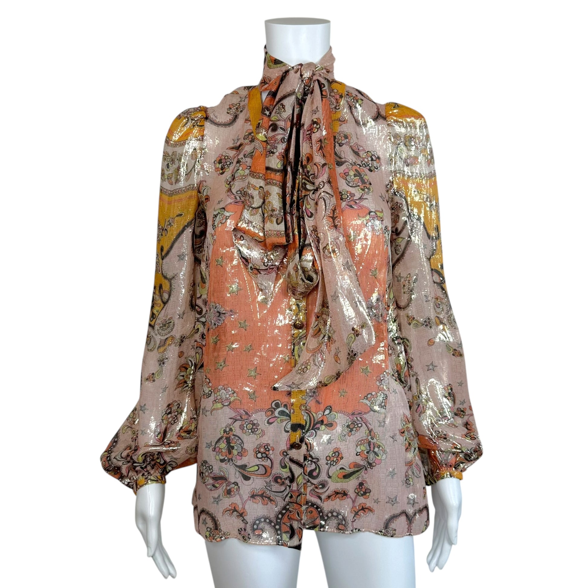 Emilio Pucci Silk Blouse Orange Pink Metallic Tie Neck