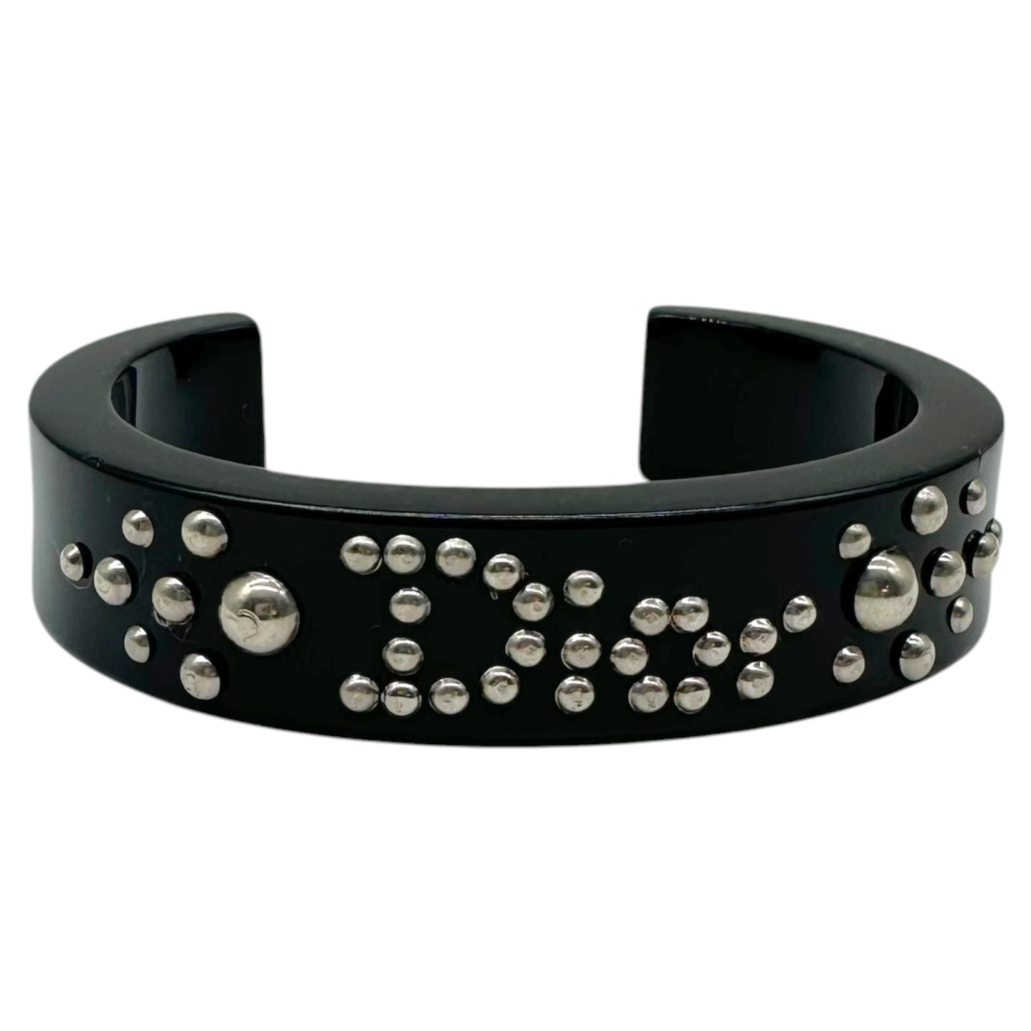 Christian Dior Black PVC Cuff Bangle Bracelet Silver Studs