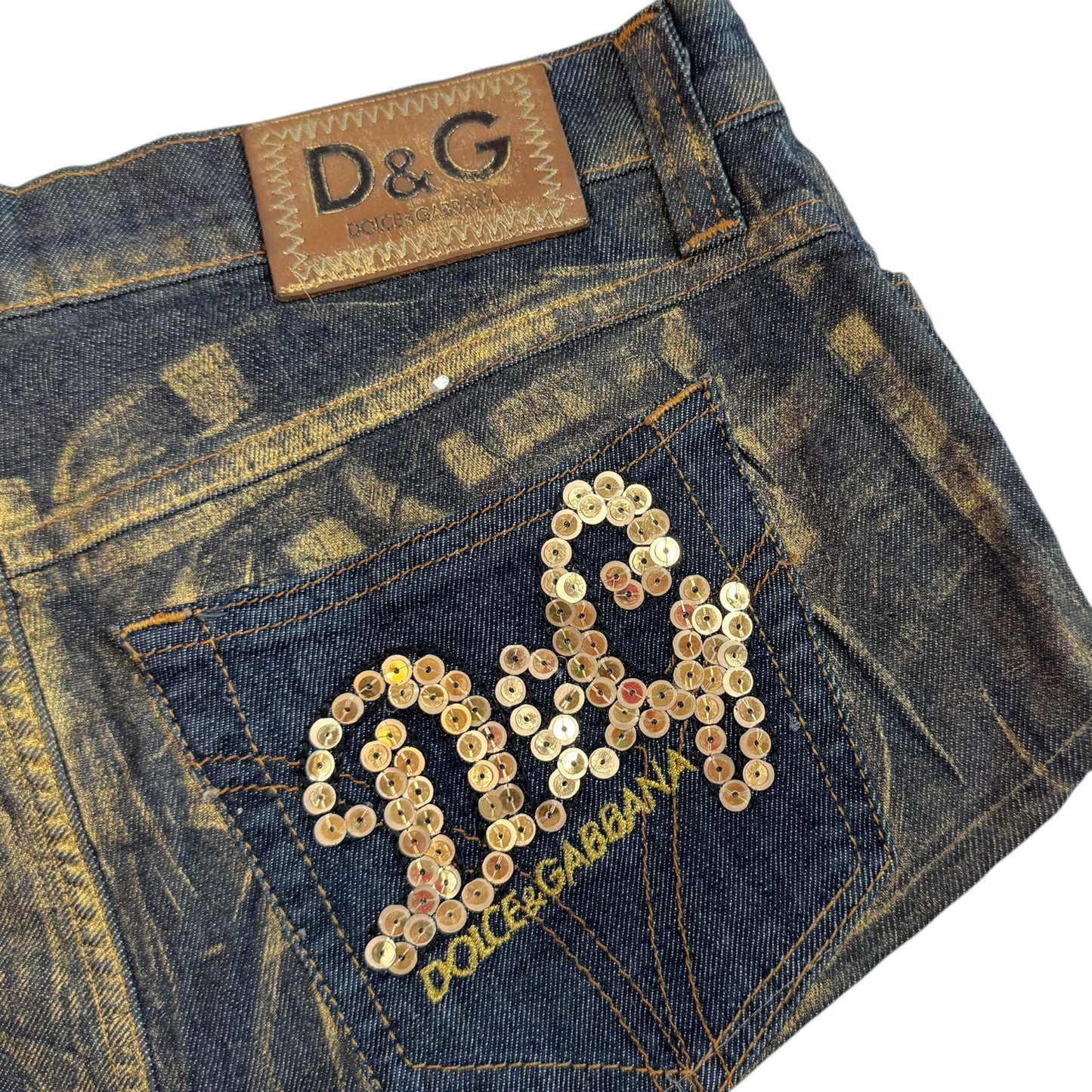 D&G Denim Gold Sequin Logo Micro Mini Shorts