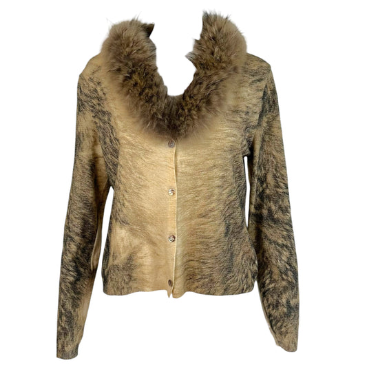 Roberto Cavalli 90's Tan & Black Printed Fur Trim Cardigan