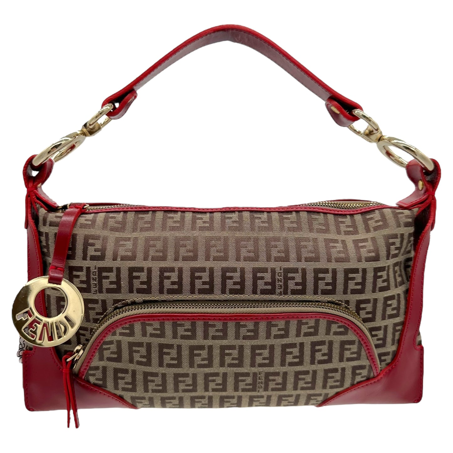 Fendi Red Leather Trim Zucchino Monogram Bag