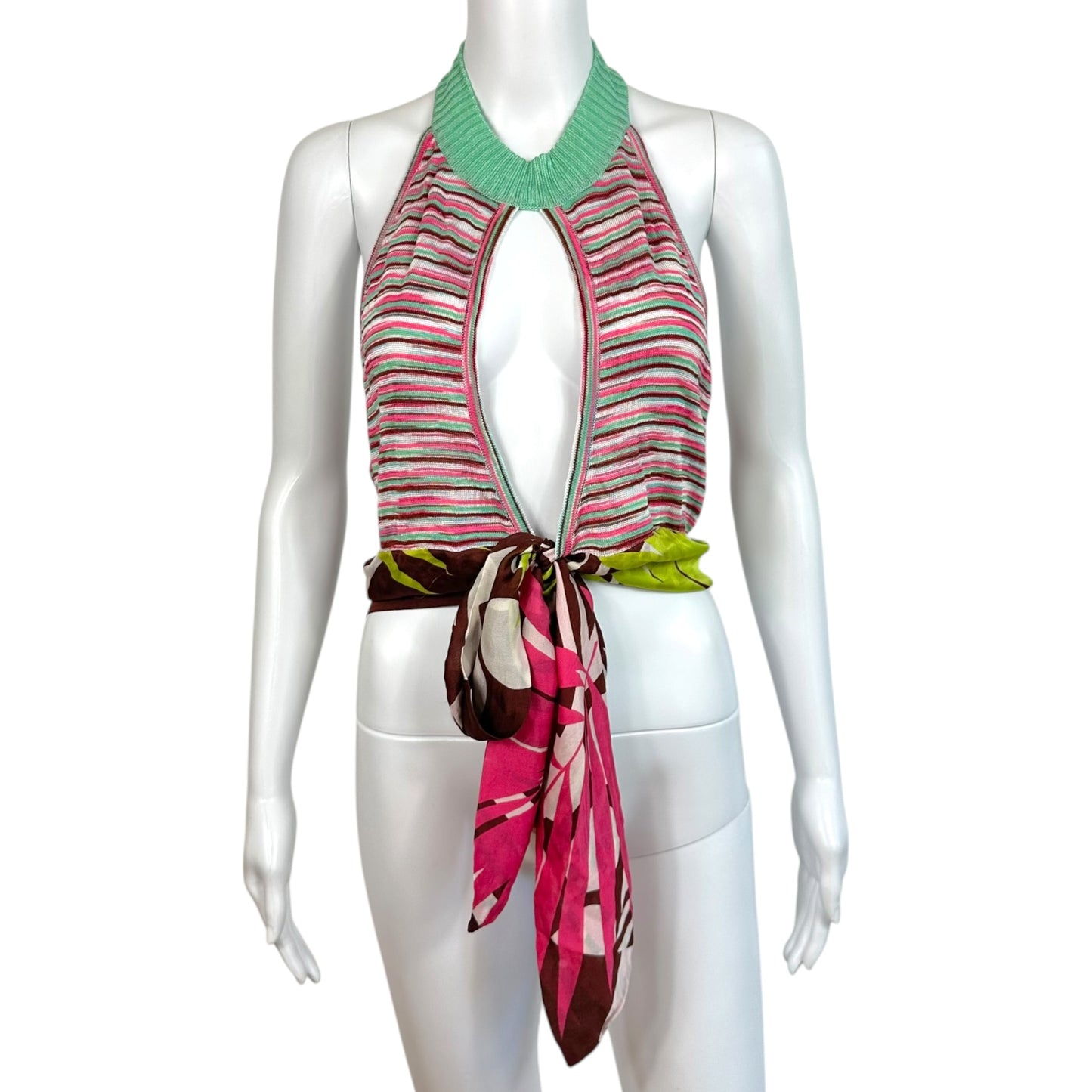 M Missoni Multicolor Mixed Print Silk & Knit Wrap Cropped Halter Top