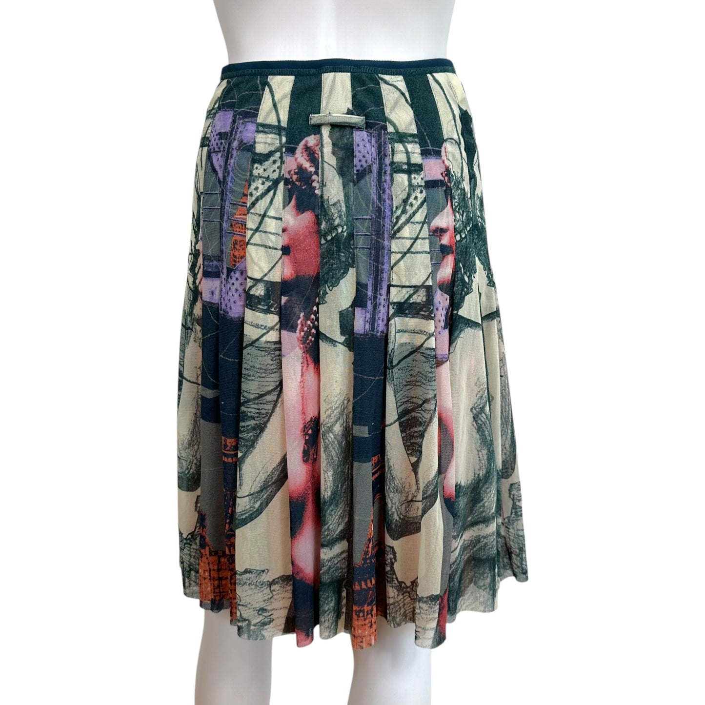 Jean Paul Gaultier Multicolor Statue Print Fringe Trim Mesh Midi Skirt