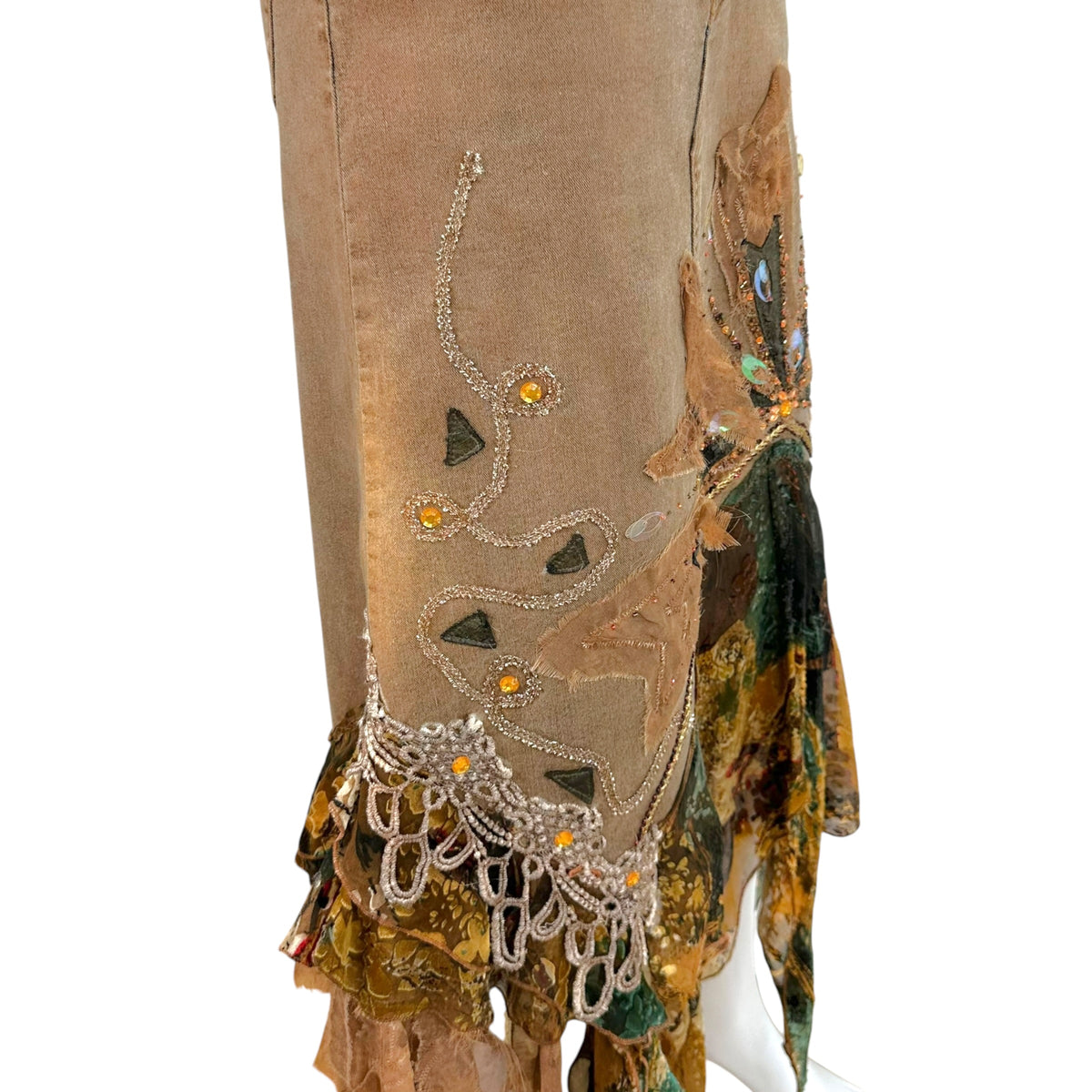 Vintage Brown Silk Denim Sequin Midi Skirt