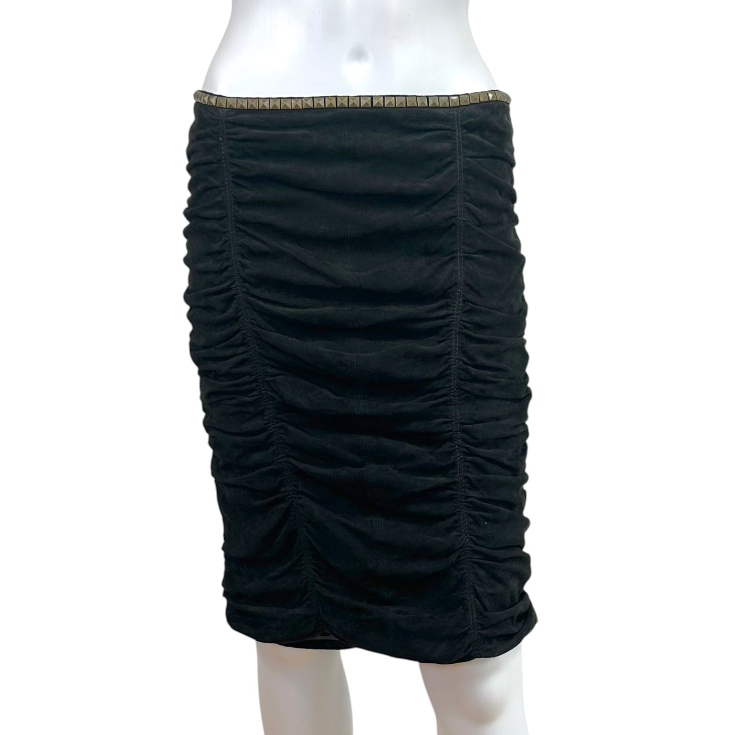 Roberto Cavalli 2005 Studded Gathered Suede Midi Skirt