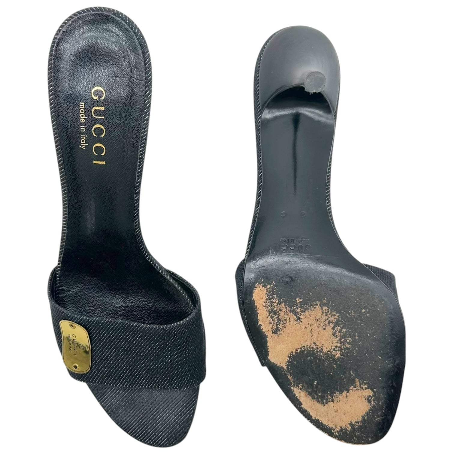 Gucci Dark Wash Denim Gold Kitten Heel Mules