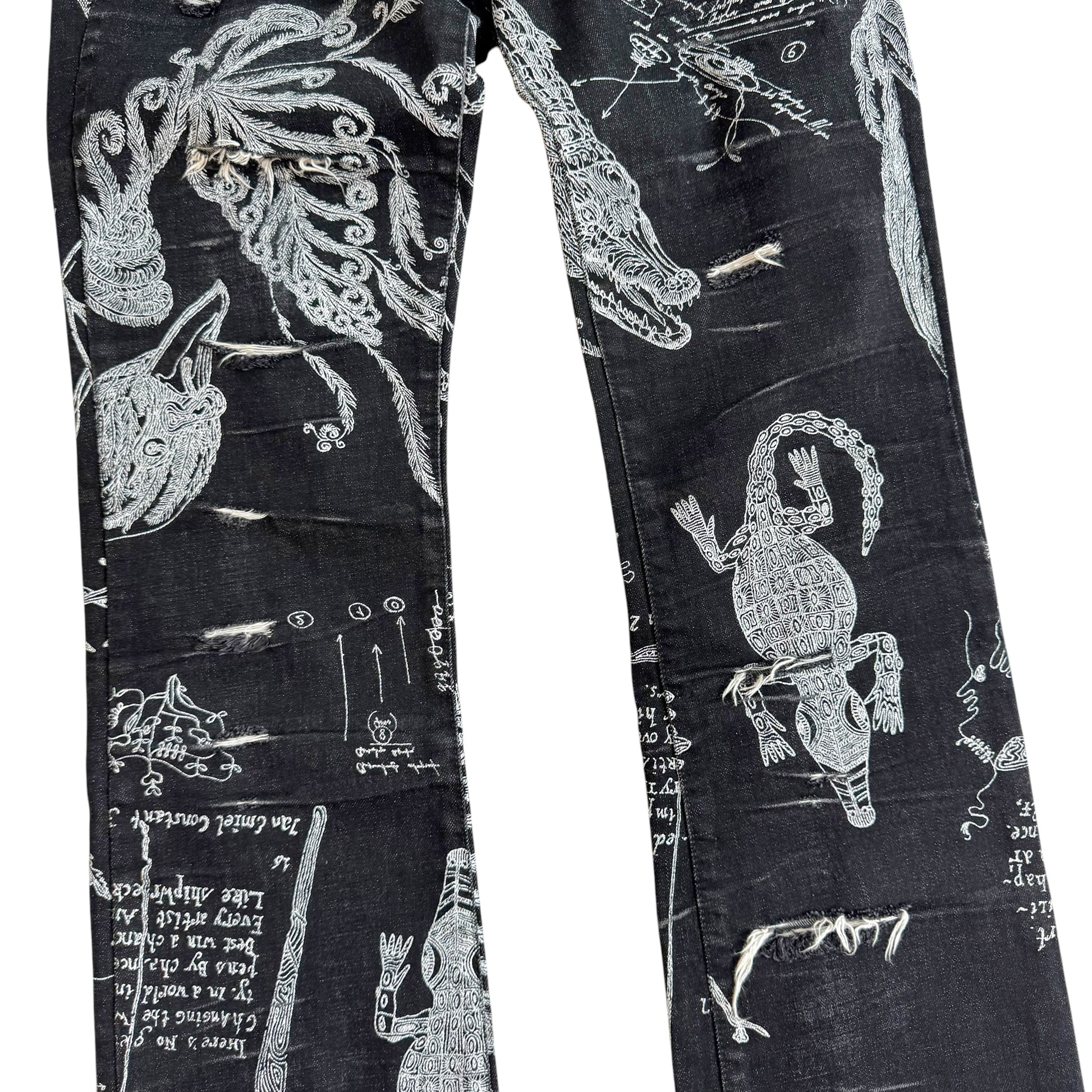Roberto Cavalli Black White Illustration Distressed Jeans