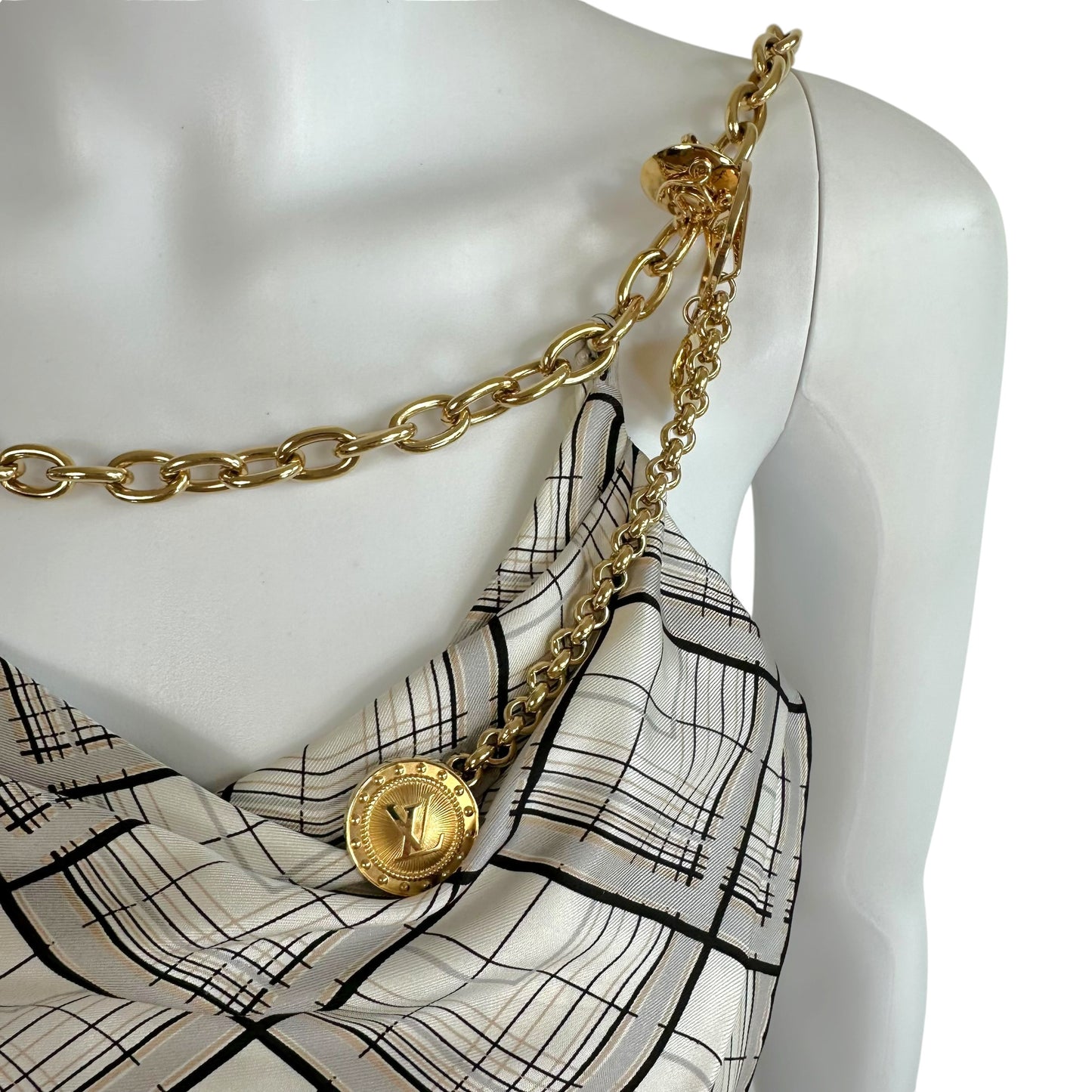 Louis Vuitton Plaid Print Silk Bustier Blouse w/ Gold Logo Charm Chain Strap