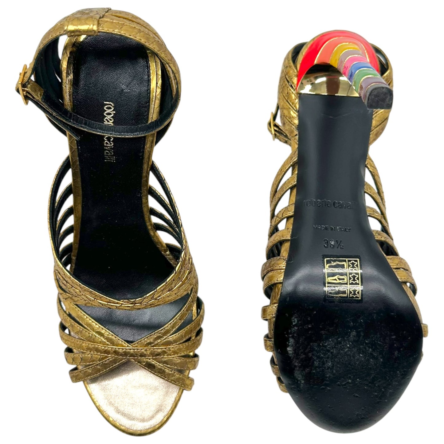 Roberto Cavalli Gold Snakeskin Strappy Sandals