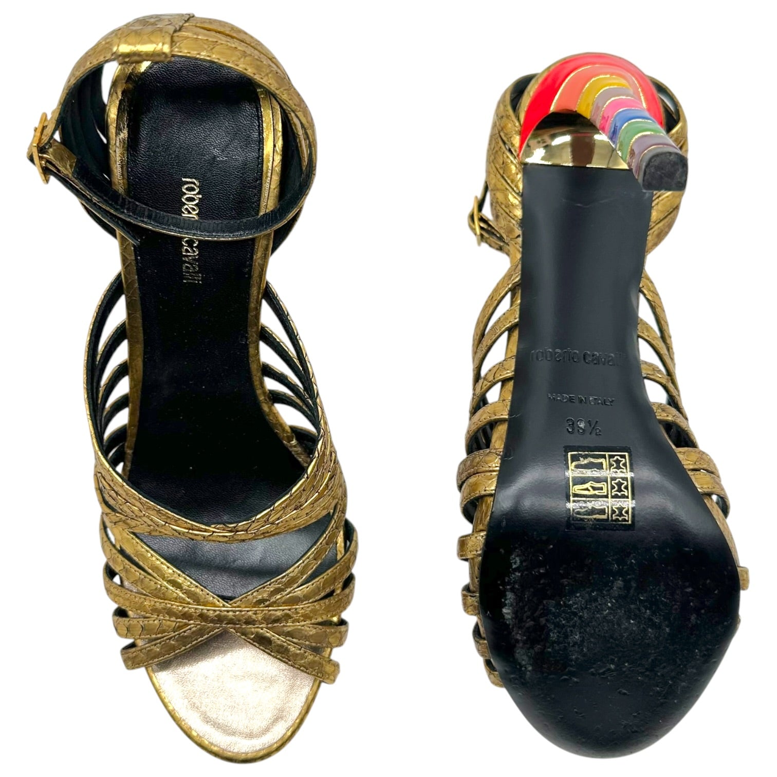 Roberto Cavalli Gold Snakeskin Strappy Sandals