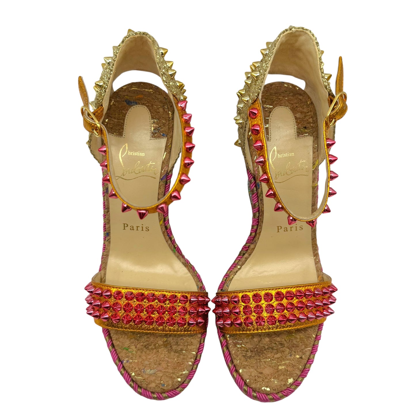 Christian Louboutin Cork Wedge Sandals Pink Gold Spike