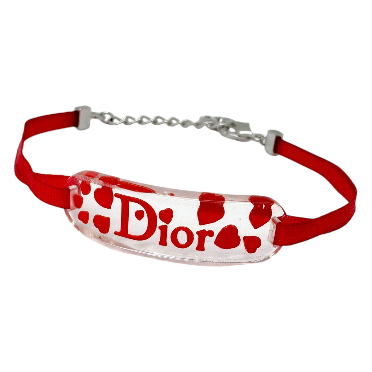 Dior Clear Lucite Heart Logo Bracelet Red Strap