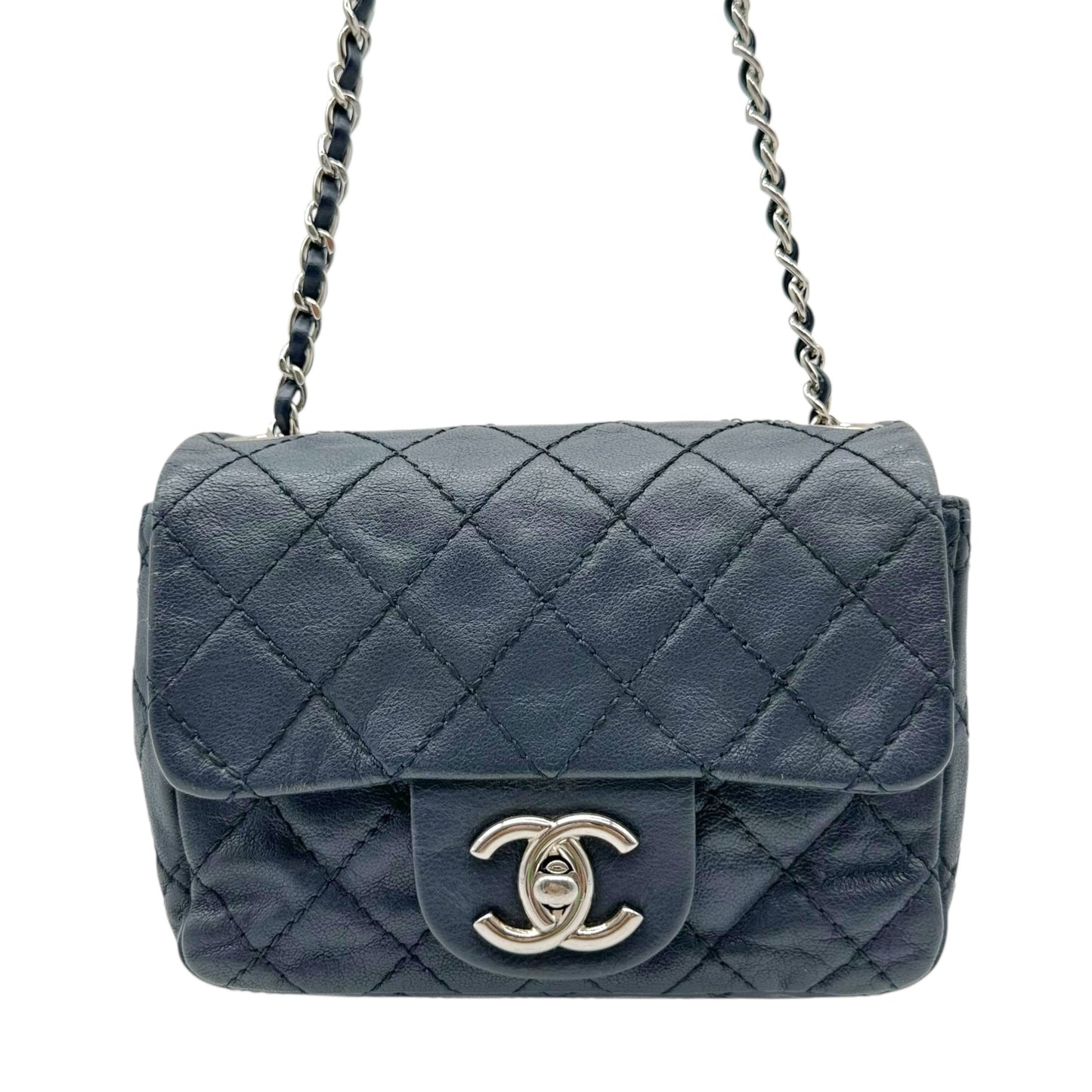 Chanel Navy Blue & Silver Mini Square Flap Crossbody Bag