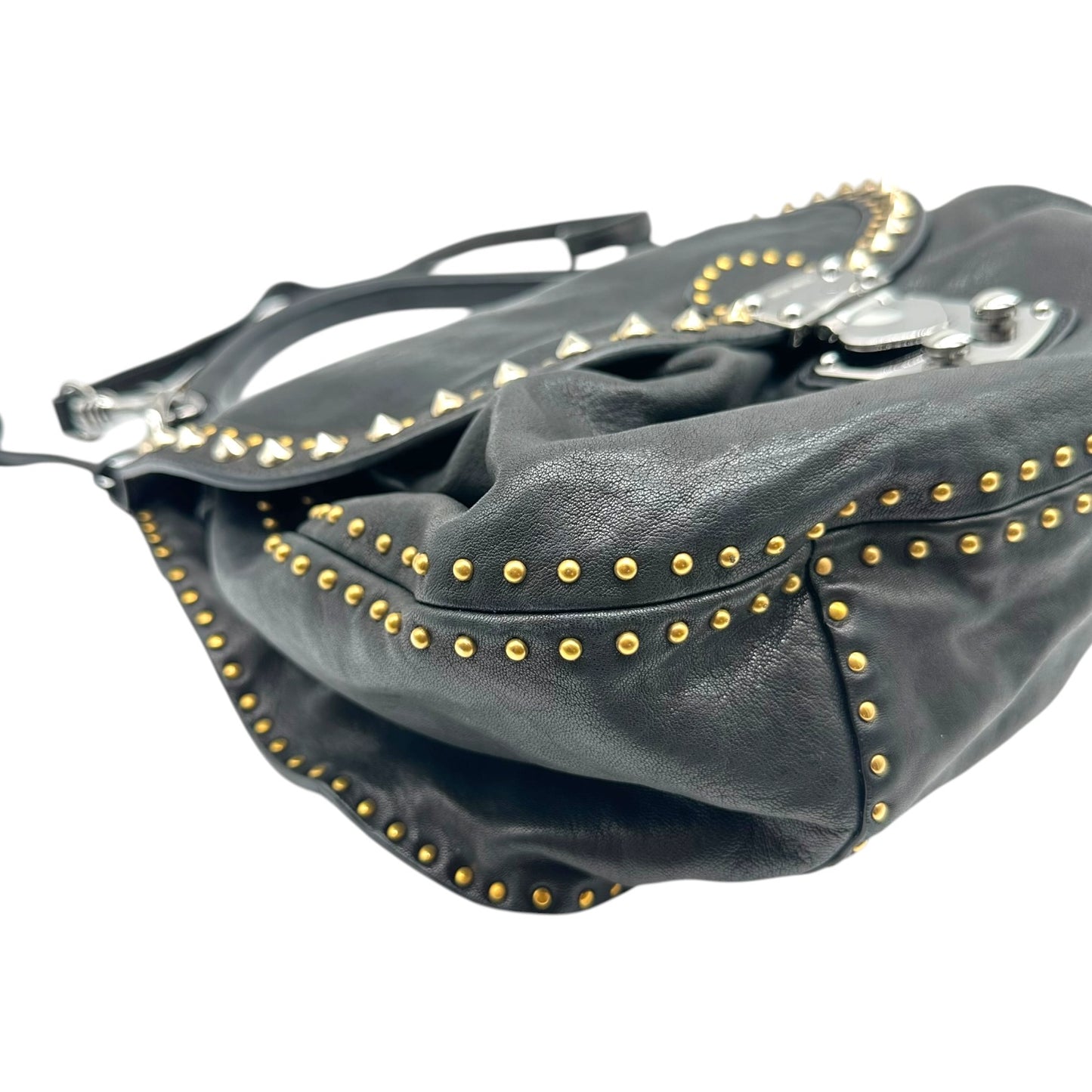 Miu Miu Black Leather Studded Hobo Bag