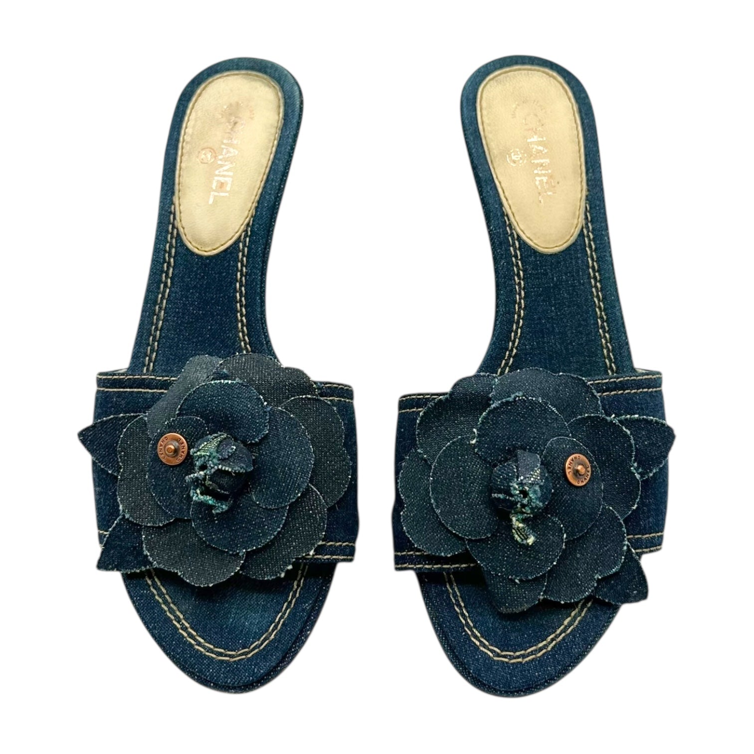 Chanel Denim Camellia Flower Mule Heels - Outfit Repeater