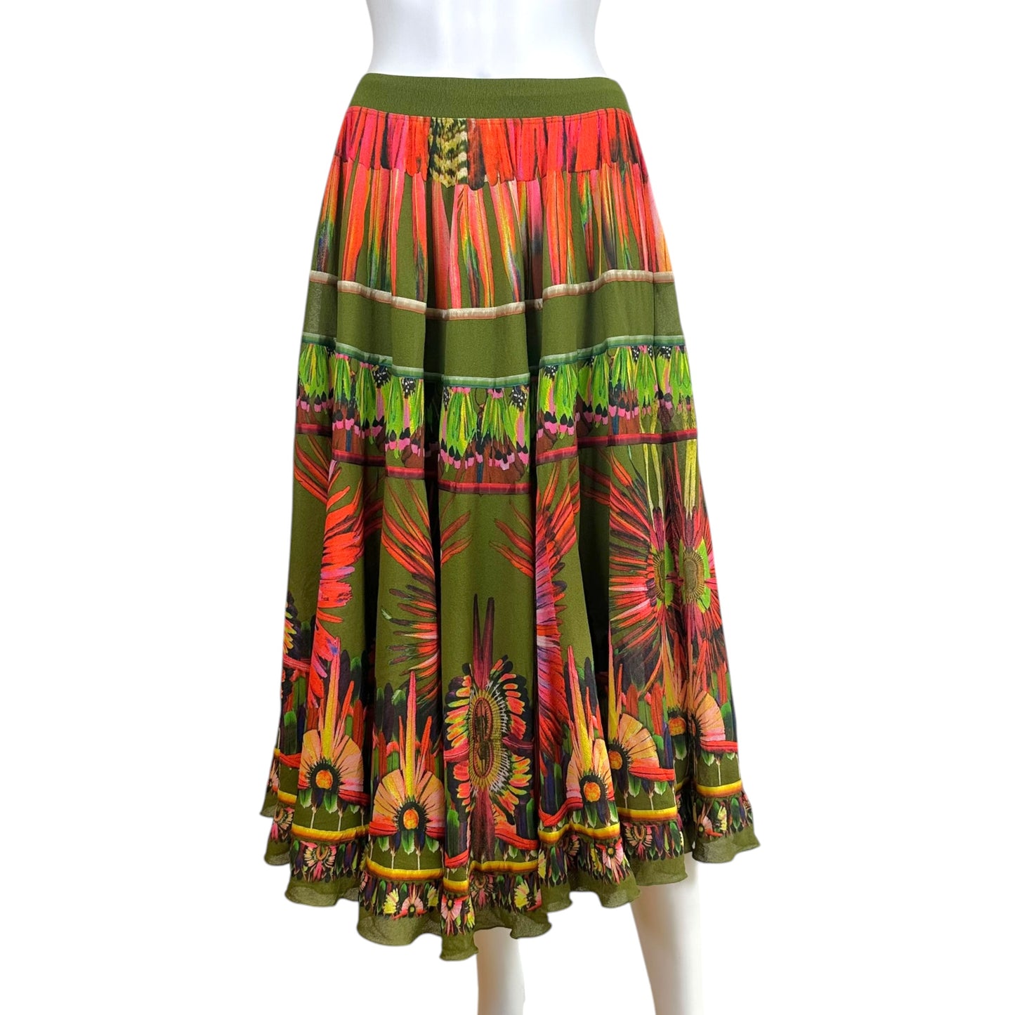 Jean Paul Gaultier Soleil Olive Green Multi Tropical Print Mesh Tiered Maxi Skirt