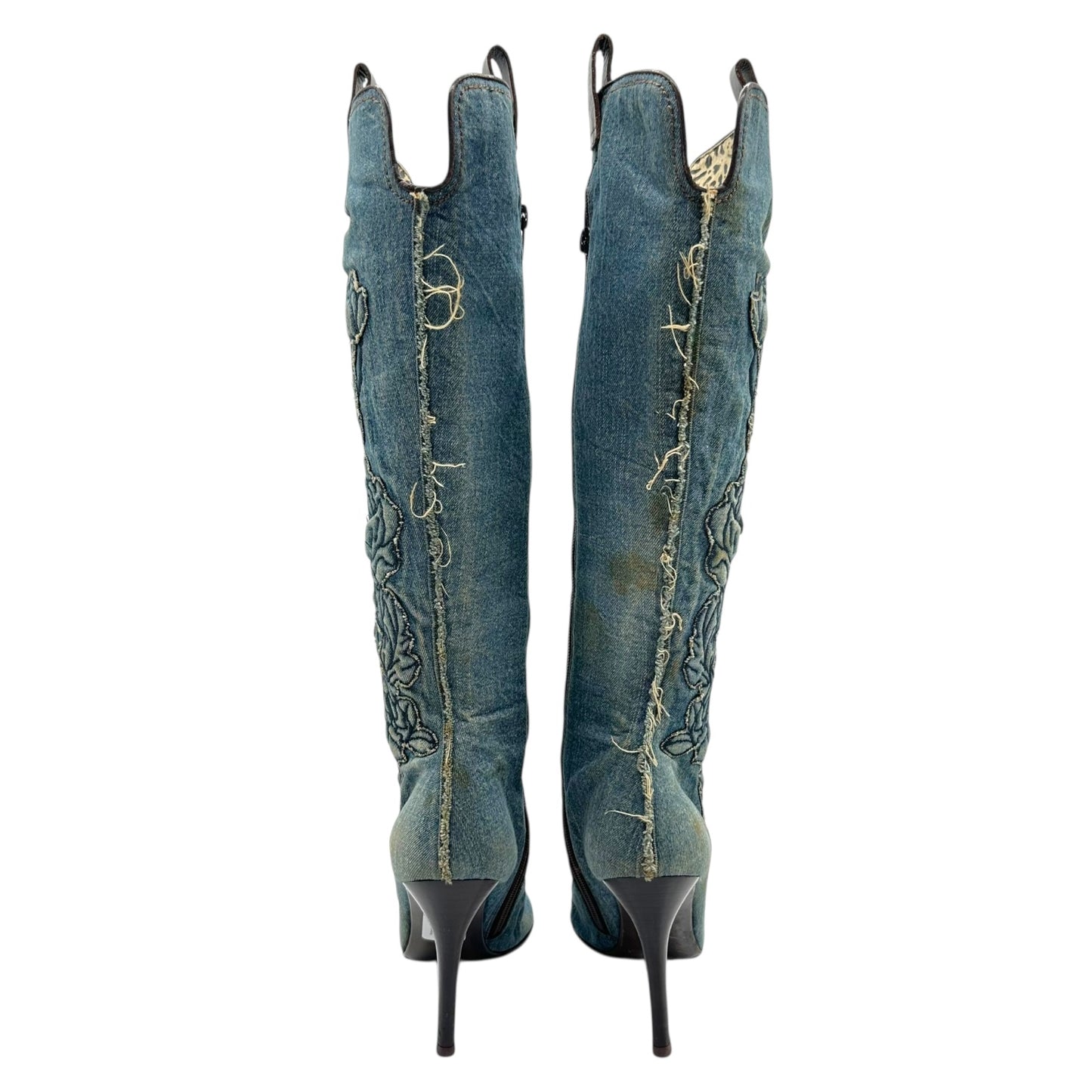 Roberto Cavalli Denim Embroidered Pointed Toe Heeled Boots