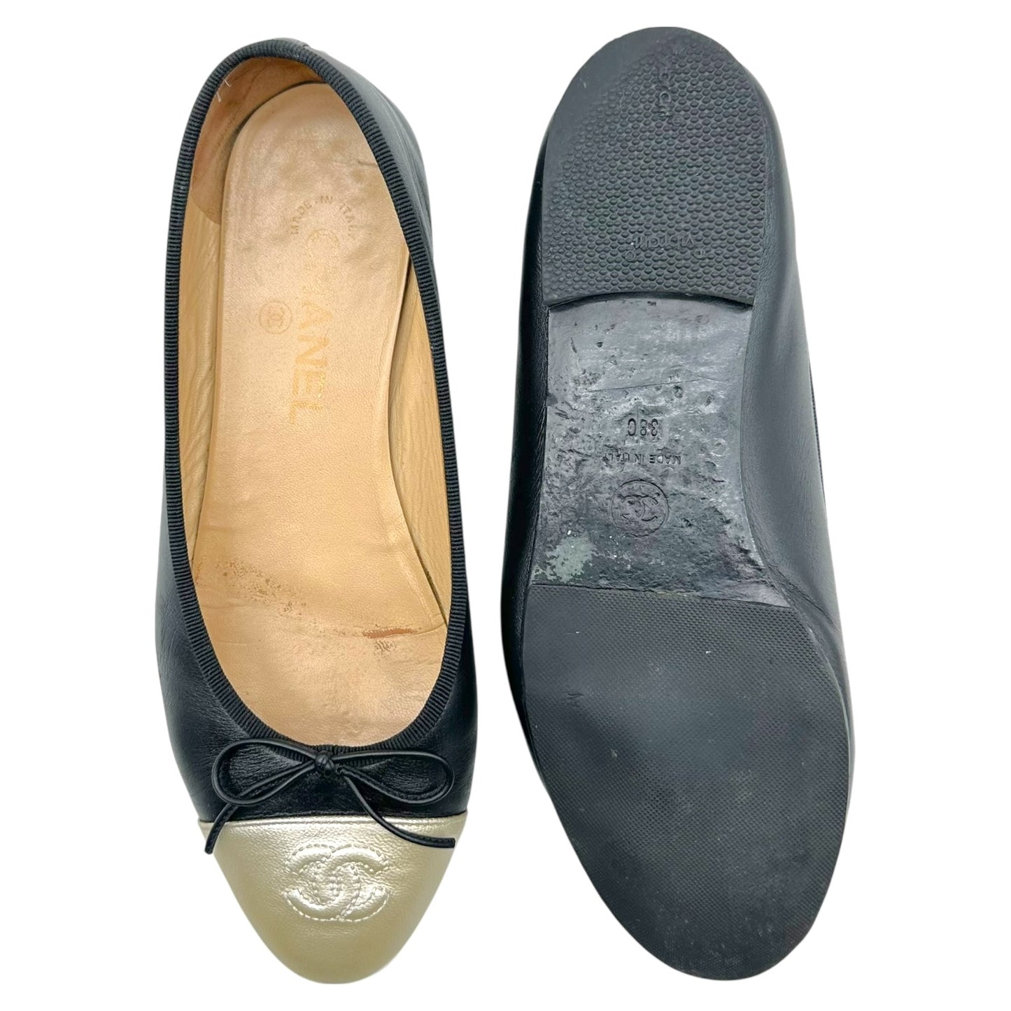 Chanel Metallic Gold & Black Canvas Logo Ballet Flats