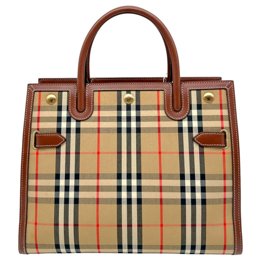 Burberry Brown Leather Nova Check Plaid Tote Handbag