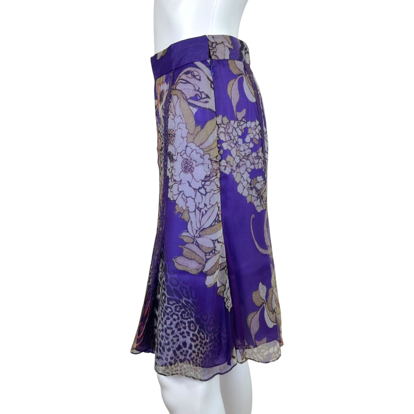 Roberto Cavalli Silk Midi Skirt Purple Floral Leopard Print