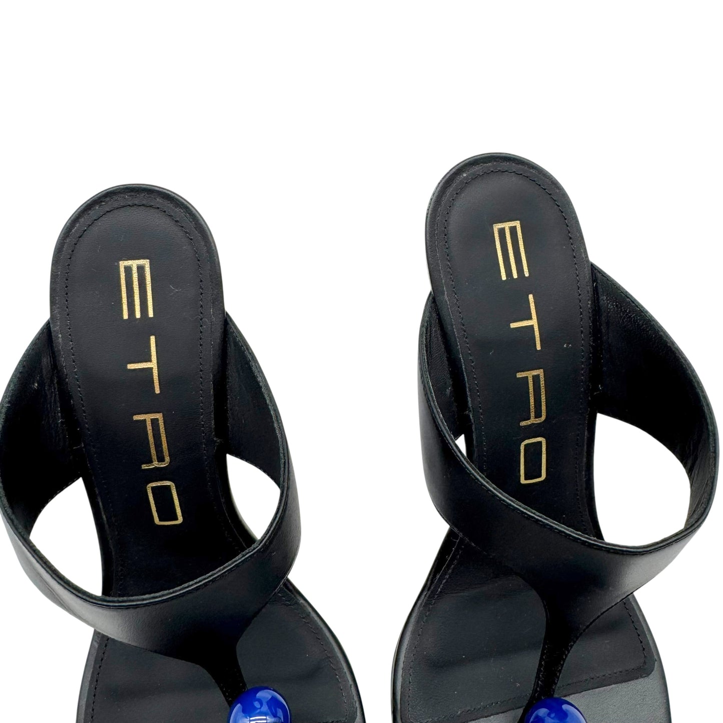 Etro Black Leather & Blue Bead Thong Sandal Wedge Heels