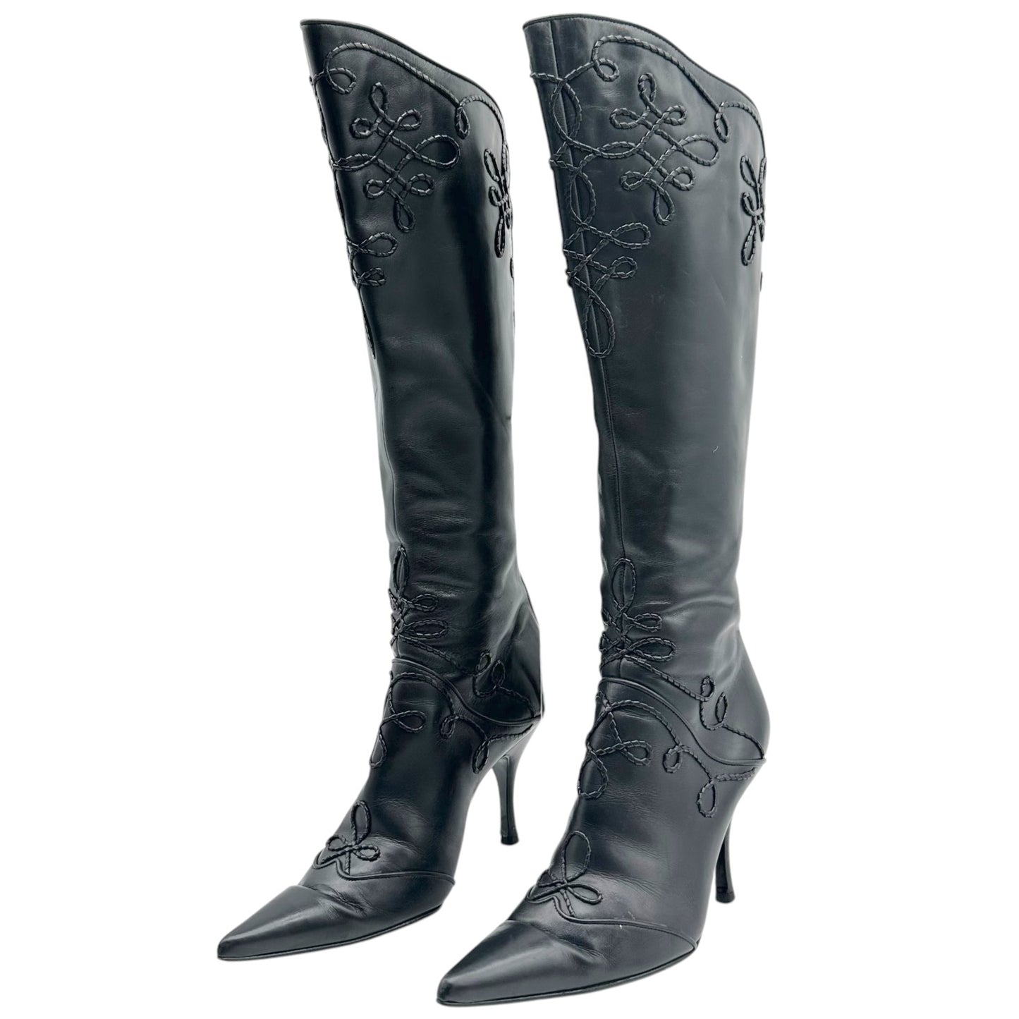 Sergio Rossi Black Braided Leather Embellished Heeled Boots