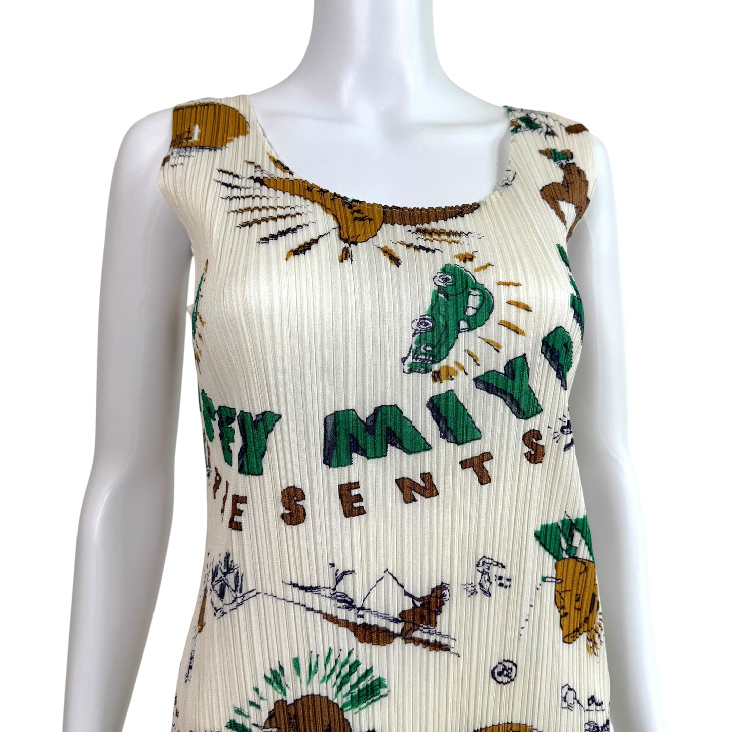 Issey Miyake Pleats Please x Terry Johnson White & Green Multicolor Doodle Print Pleated Mini Dress Sz 4