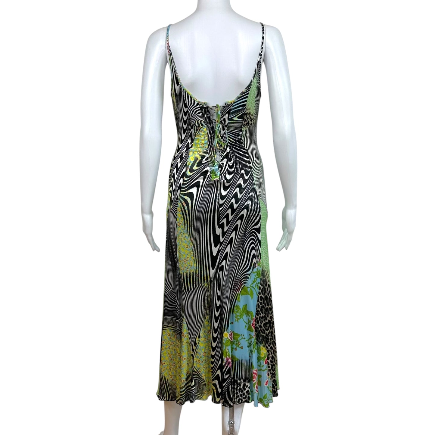 Roberto Cavalli Class Psychedelic Swirl & Floral Print Lace-Up Back Midi Dress