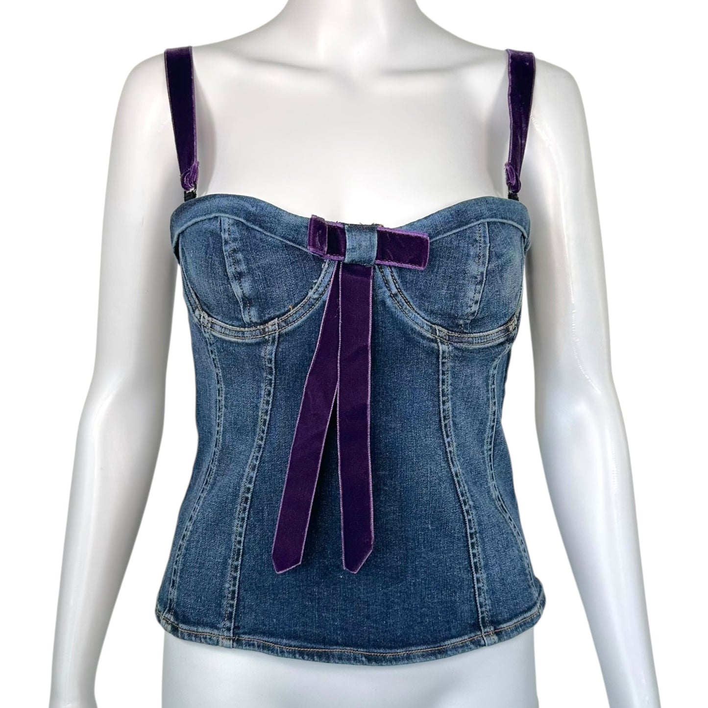 D&G Dolce & Gabbana Dark Wash Denim & Purple Velvet Bow Corset Top